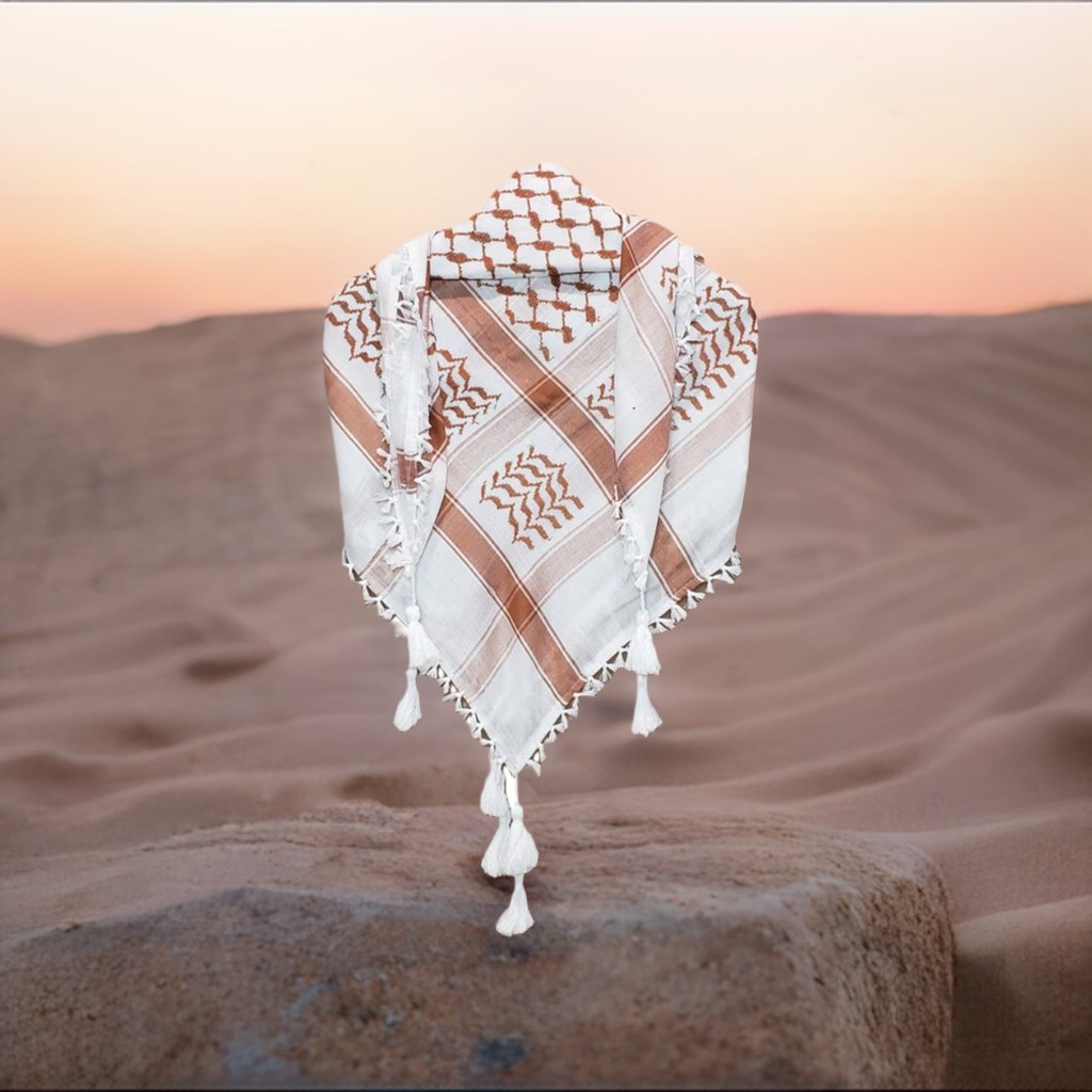 Tan on White Palestinian Style Keffiyeh