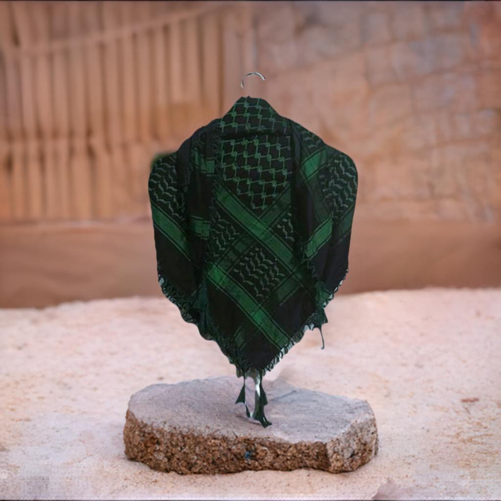 Green on Black Palestinian Style Cotton Keffiyeh